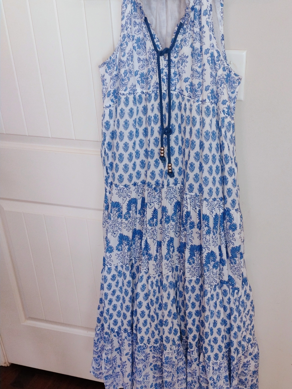 Calypso Blue & White Boho Printed Maxi Dress Sleeveless Tiered Size Small - Picture 14 of 14